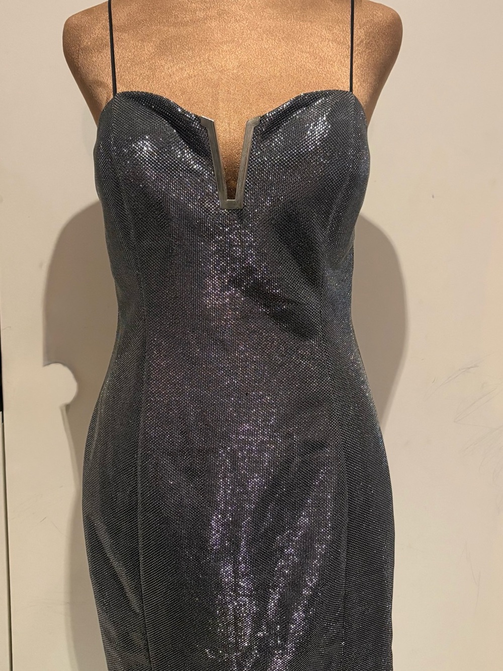 Entry Shimmery Charcoal Strapless Slip Dress with V-Metal Accent
